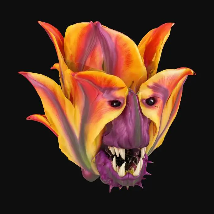 3D model for [Holland] extreme flower monster tulip, floating in the air, detailed flower, snout with fangs, extremely detailed, high resolution texture, epic stance, #AroundTheWorld#