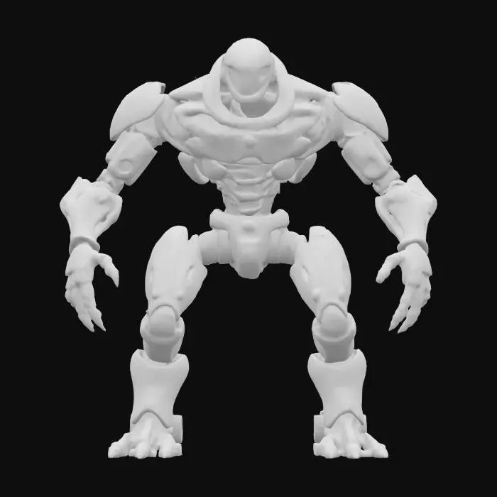 3D model for sci-fi utopian robotic monster, body consists of a single sphere with limbs, has a metal mask over his face, has various devices on his body, holds energy weapon in one hand, extremely detailed, high resolution texture, epic stance