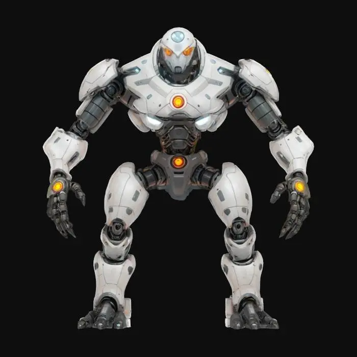 3D model for sci-fi utopian robotic monster, body consists of a single sphere with limbs, has a metal mask over his face, has various devices on his body, holds energy weapon in one hand, extremely detailed, high resolution texture, epic stance