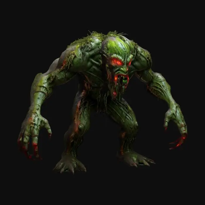 3D model for fantasy swamp monster, massive body covered in mud, long arms with long claws, moss and ferns growing all over the body, glowing bright demonic symbols, detailed scary face, extremely detailed, high resolution texture, epic stance