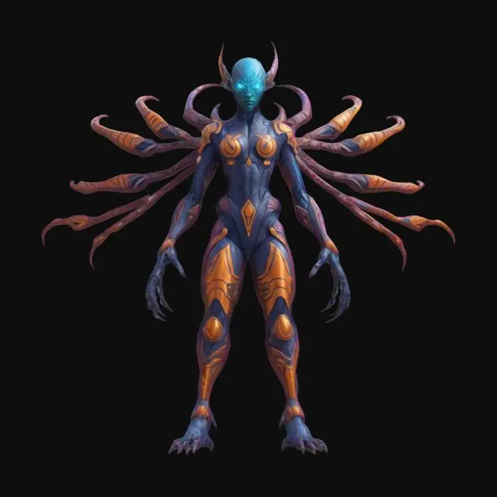 3D model for sci-fi fantasy bioluminescent morph guardian from another world, extremely detailed