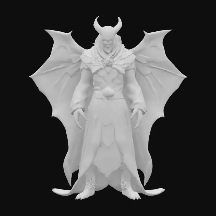 3D model for fantasy humanoid morph creature wizard with bat wings, elegant massive figure, hands transformed into bat wings with long claws, elegant dark clothing with distinctive symbols, detailed scary face, extremely detailed, high sharp texture, epic stance