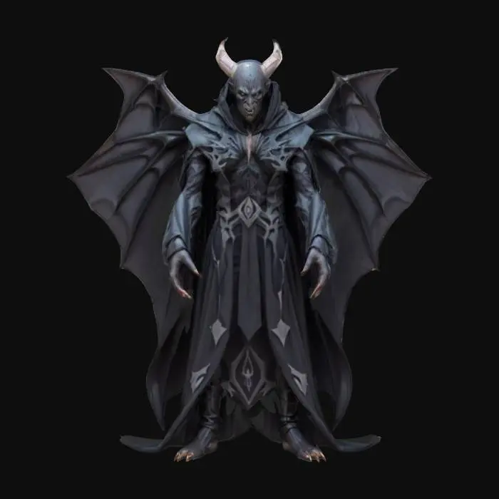 3D model for fantasy humanoid morph creature wizard with bat wings, elegant massive figure, hands transformed into bat wings with long claws, elegant dark clothing with distinctive symbols, detailed scary face, extremely detailed, high sharp texture, epic stance