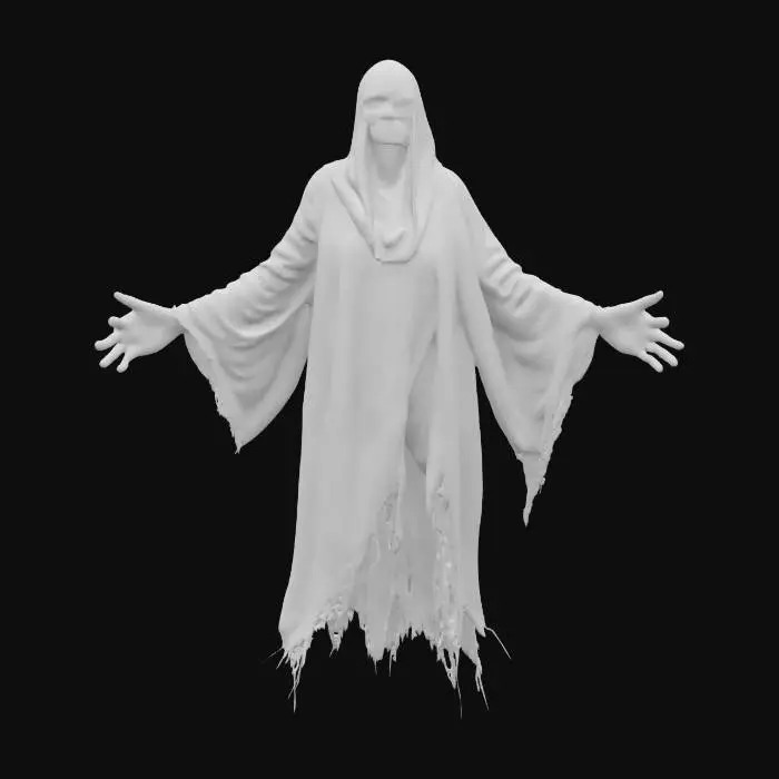3D model for fantasy ghost enraged, body floating in the air, torn robe fluttering on his body, outstretched arms forward in front of him, detailed scary face ghost, extremely detailed, high sharp resolution texture, epic stance