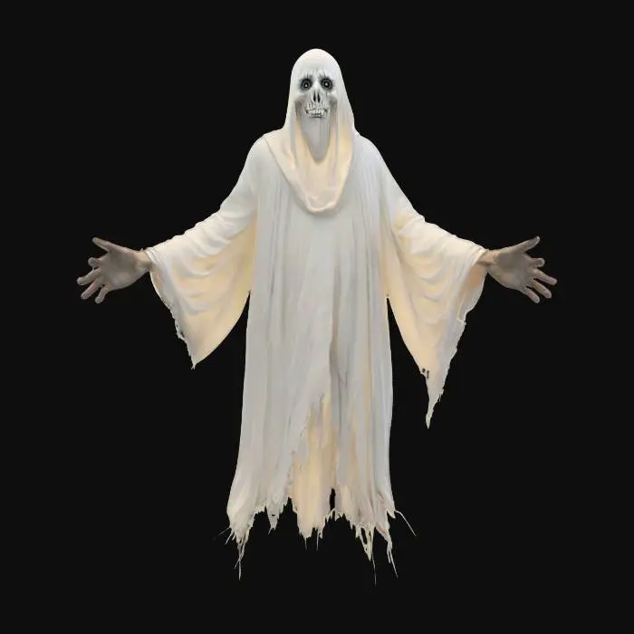 3D model for fantasy ghost enraged, body floating in the air, torn robe fluttering on his body, outstretched arms forward in front of him, detailed scary face ghost, extremely detailed, high sharp resolution texture, epic stance