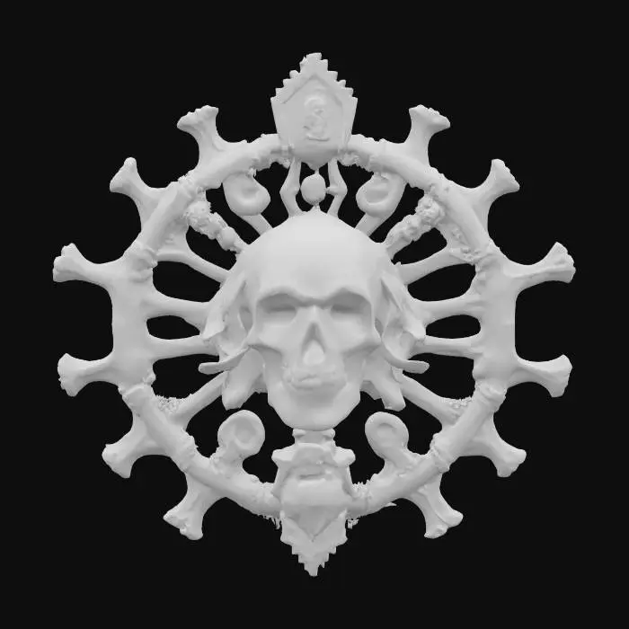 3D model for fantasy emblem of old witches, the emblem is made of bones and witchcraft objects, the entire emblem is shrouded in glowing magical energy with lightning and sparkles, the central element is the terrifying plastic face of the old witch, extremely detailed, high sharp resolution texture, epic picture, #emblem#