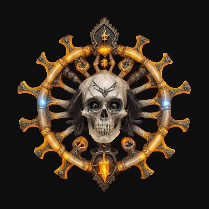 3D model for fantasy emblem of old witches, the emblem is made of bones and witchcraft objects, the entire emblem is shrouded in glowing magical energy with lightning and sparkles, the central element is the terrifying plastic face of the old witch, extremely detailed, high sharp resolution texture, epic picture, #emblem#