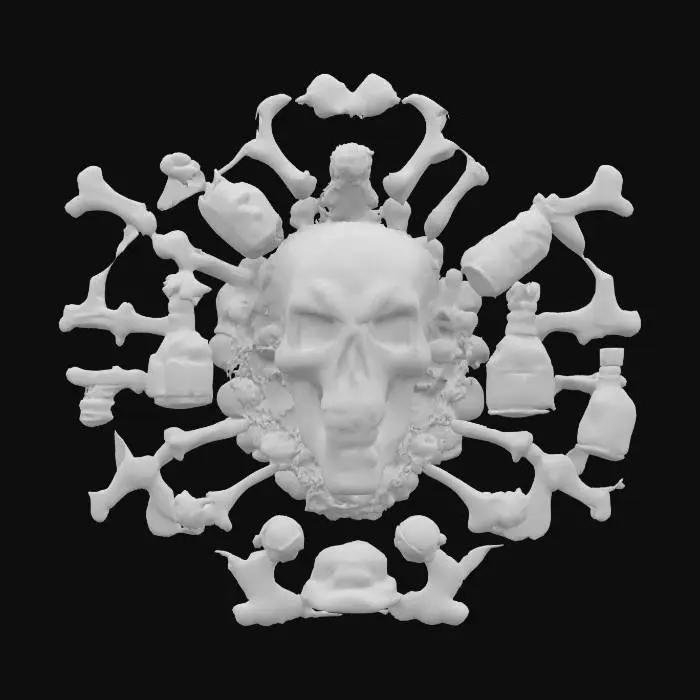 3D model for fantasy emblem of old witches, the emblem is made of bones and witchcraft objects, the entire emblem is shrouded in glowing magical energy with lightning and sparkles, the central element is the terrifying plastic face of the old witch, extremely detailed, high sharp resolution texture, epic picture, #emblem#