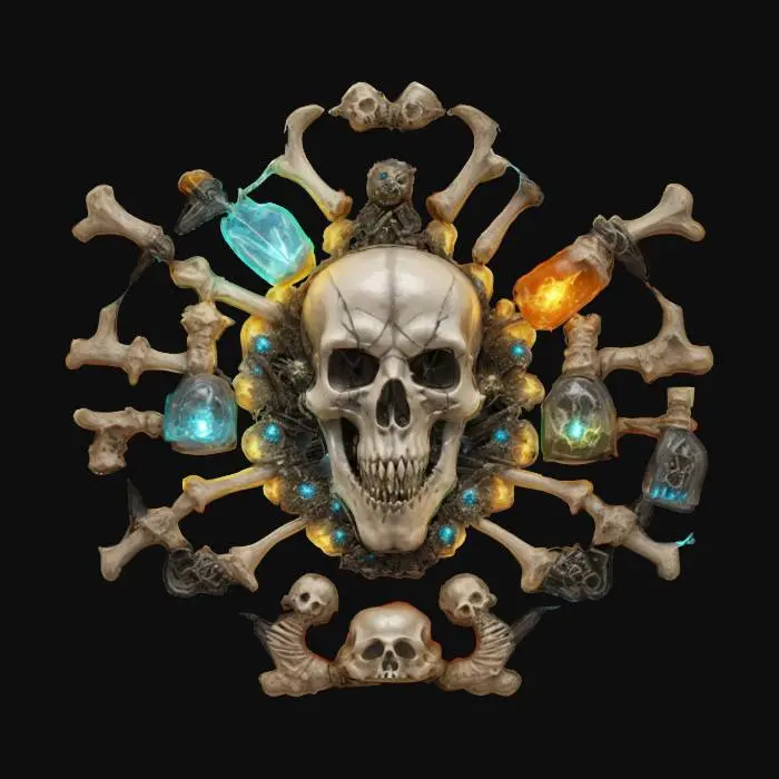 3D model for fantasy emblem of old witches, the emblem is made of bones and witchcraft objects, the entire emblem is shrouded in glowing magical energy with lightning and sparkles, the central element is the terrifying plastic face of the old witch, extremely detailed, high sharp resolution texture, epic picture, #emblem#