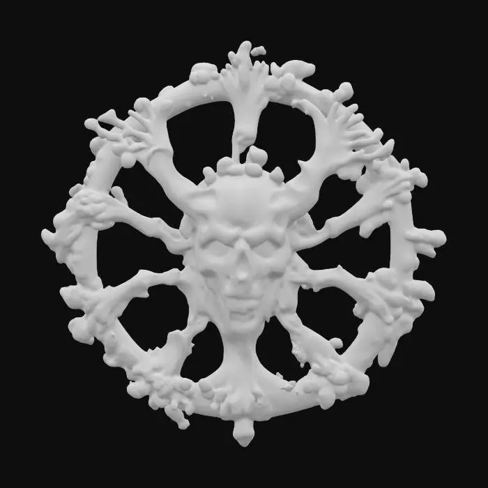 3D model for fantasy emblem of old witches, the emblem is made of bones and witchcraft objects, the entire emblem is shrouded in glowing magical energy with lightning and sparkles, the central element is the terrifying plastic face of the old witch, extremely detailed, high sharp resolution texture, epic picture, #emblem#