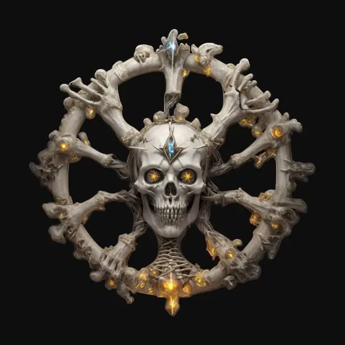 3D model for fantasy emblem of old witches, the emblem is made of bones and witchcraft objects, the entire emblem is shrouded in glowing magical energy with lightning and sparkles, the central element is the terrifying plastic face of the old witch, extremely detailed, high sharp resolution texture, epic picture, #emblem#
