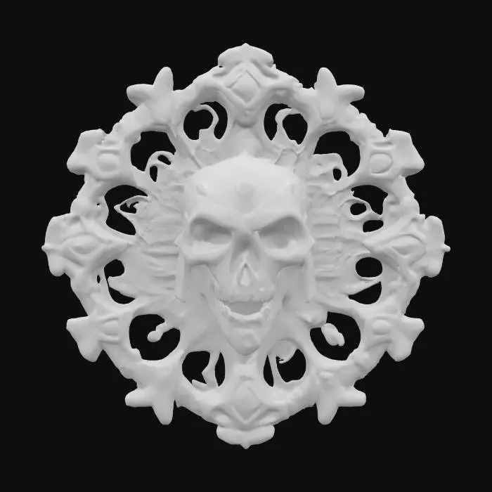 3D model for fantasy emblem of old witches, the emblem is made of bones and witchcraft objects, the entire emblem is shrouded in glowing magical energy with lightning and sparkles, the central element is the terrifying plastic face of the old witch, extremely detailed, high sharp resolution texture, epic picture, #emblem#