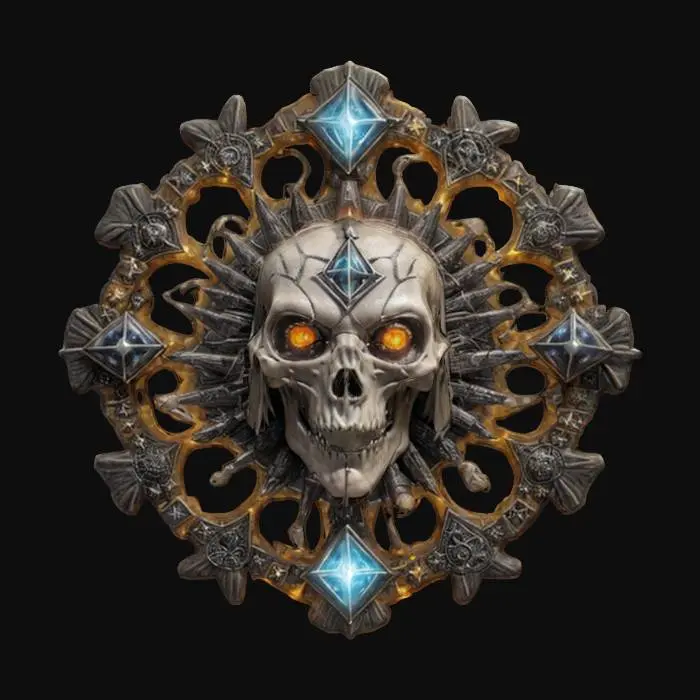 3D model for fantasy emblem of old witches, the emblem is made of bones and witchcraft objects, the entire emblem is shrouded in glowing magical energy with lightning and sparkles, the central element is the terrifying plastic face of the old witch, extremely detailed, high sharp resolution texture, epic picture, #emblem#