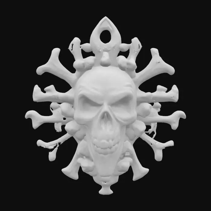 3D model for fantasy emblem of old witches, the emblem is made of bones and witchcraft objects, the entire emblem is shrouded in glowing magical energy with lightning and sparkles, the central element is the terrifying plastic face of the old witch, extremely detailed, high sharp resolution texture, epic picture, #emblem#