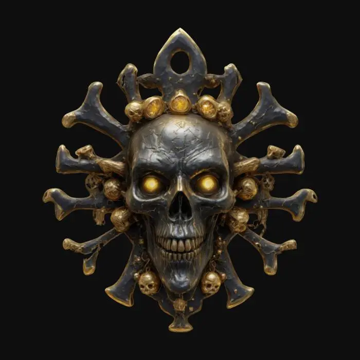 3D model for fantasy emblem of old witches, the emblem is made of bones and witchcraft objects, the entire emblem is shrouded in glowing magical energy with lightning and sparkles, the central element is the terrifying plastic face of the old witch, extremely detailed, high sharp resolution texture, epic picture, #emblem#