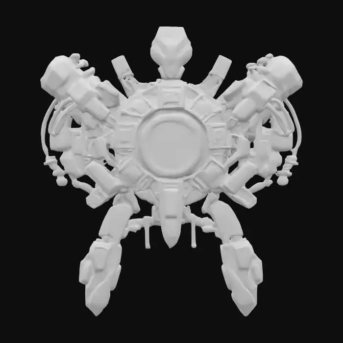 3D model for sci-fi emblem of robotic concert, parts of the emblem made of robotic parts, in the middle a large energy source from which lightning flashes, the entire emblem is covered with metal-plastic, extremely detailed, high sharp resolution texture, epic stance, #emblem#