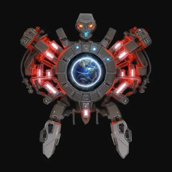 3D model for sci-fi emblem of robotic concert, parts of the emblem made of robotic parts, in the middle a large energy source from which lightning flashes, the entire emblem is covered with metal-plastic, extremely detailed, high sharp resolution texture, epic stance, #emblem#