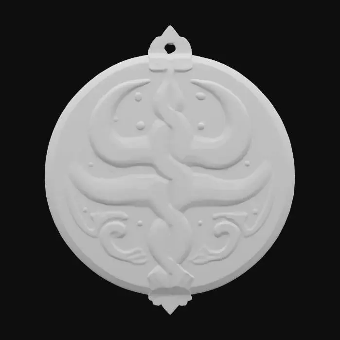 3D model for fantasy emblem for an alien entity of a magician, details on the emblem are made of alien metal, color design in shades of space nebulae, emblem is complemented by a magic weapon, extremely detailed, texture with high sharp resolution, epic performance, #emblem#