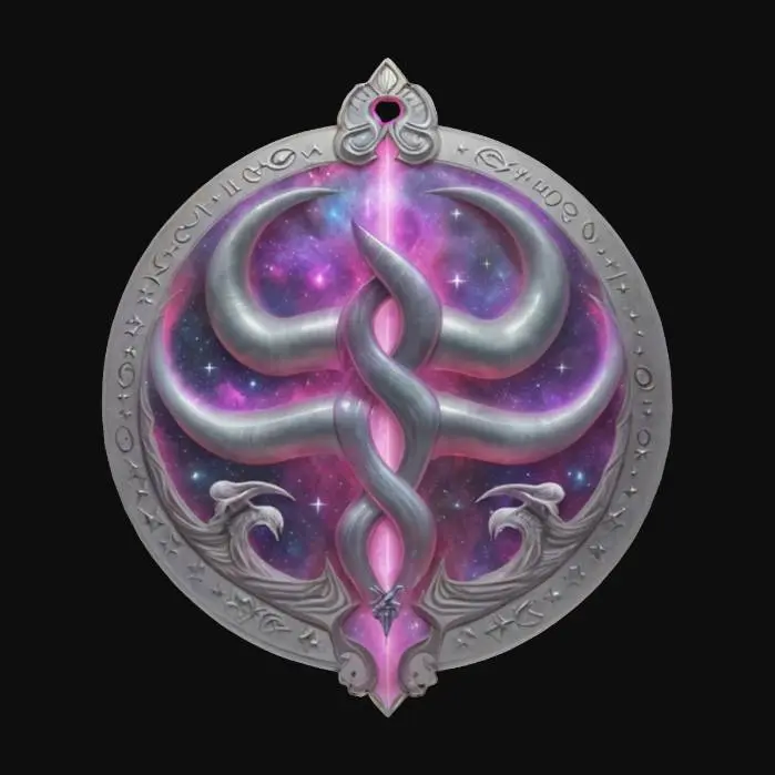 3D model for fantasy emblem for an alien entity of a magician, details on the emblem are made of alien metal, color design in shades of space nebulae, emblem is complemented by a magic weapon, extremely detailed, texture with high sharp resolution, epic performance, #emblem#