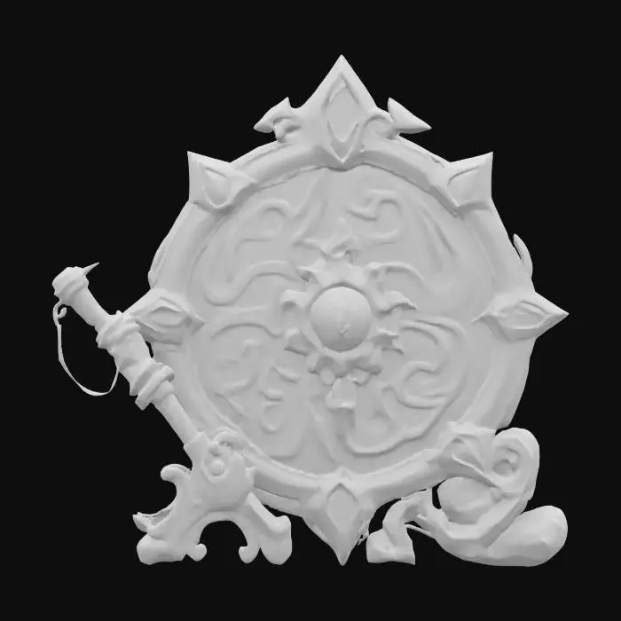 3D model for fantasy emblem for an alien entity of a magician, details on the emblem are made of alien metal, color design in shades of space nebulae, emblem is complemented by a magic weapon, extremely detailed, texture with high sharp resolution, epic performance, #emblem#