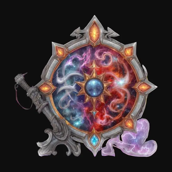 3D model for fantasy emblem for an alien entity of a magician, details on the emblem are made of alien metal, color design in shades of space nebulae, emblem is complemented by a magic weapon, extremely detailed, texture with high sharp resolution, epic performance, #emblem#