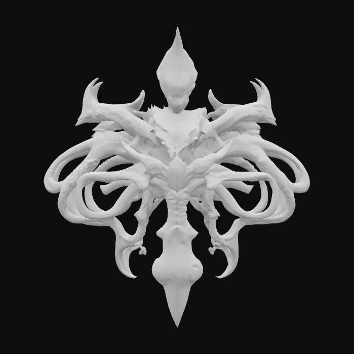 3D model for fantasy emblem for an alien entity of a magician, details on the emblem are made of alien metal, color design in shades of space nebulae, emblem is complemented by a magic weapon, extremely detailed, texture with high sharp resolution, epic performance, #emblem#