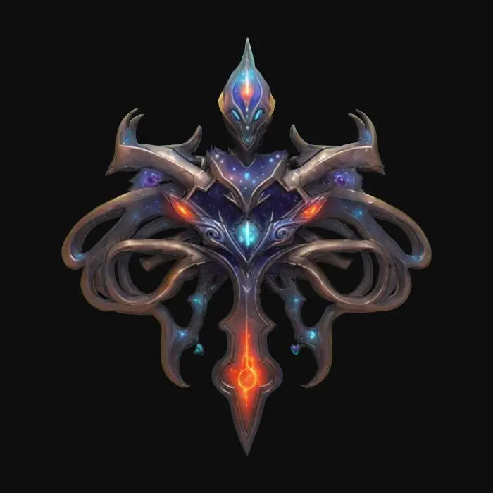 3D model for fantasy emblem for an alien entity of a magician, details on the emblem are made of alien metal, color design in shades of space nebulae, emblem is complemented by a magic weapon, extremely detailed, texture with high sharp resolution, epic performance, #emblem#