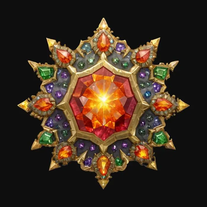 3D model for fantasy emblem for precious stone miners, details on the emblem are made of precious stones, the central part is a showy shining gemstone, color design in shades of precious metals and stones, the emblem is complemented by magic obtained from precious stones, extremely detailed, texture with high sharp resolution, epic design, #emblem#