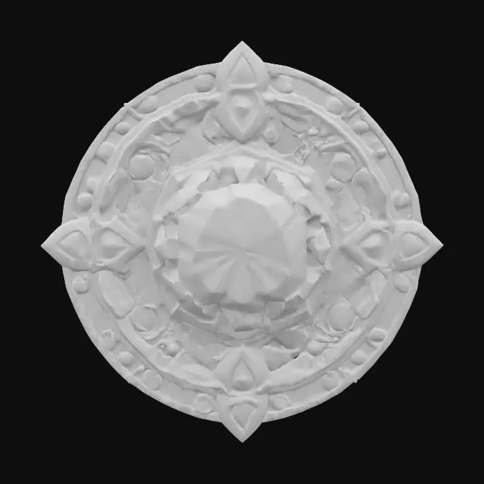 3D model for fantasy emblem for precious stone miners, details on the emblem are made of precious stones, the central part is a showy shining gemstone, color design in shades of precious metals and stones, the emblem is complemented by magic obtained from precious stones, extremely detailed, texture with high sharp resolution, epic design, #emblem#