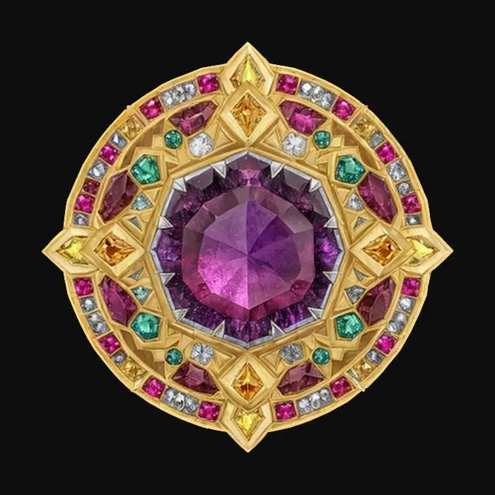 3D model for fantasy emblem for precious stone miners, details on the emblem are made of precious stones, the central part is a showy shining gemstone, color design in shades of precious metals and stones, the emblem is complemented by magic obtained from precious stones, extremely detailed, texture with high sharp resolution, epic design, #emblem#