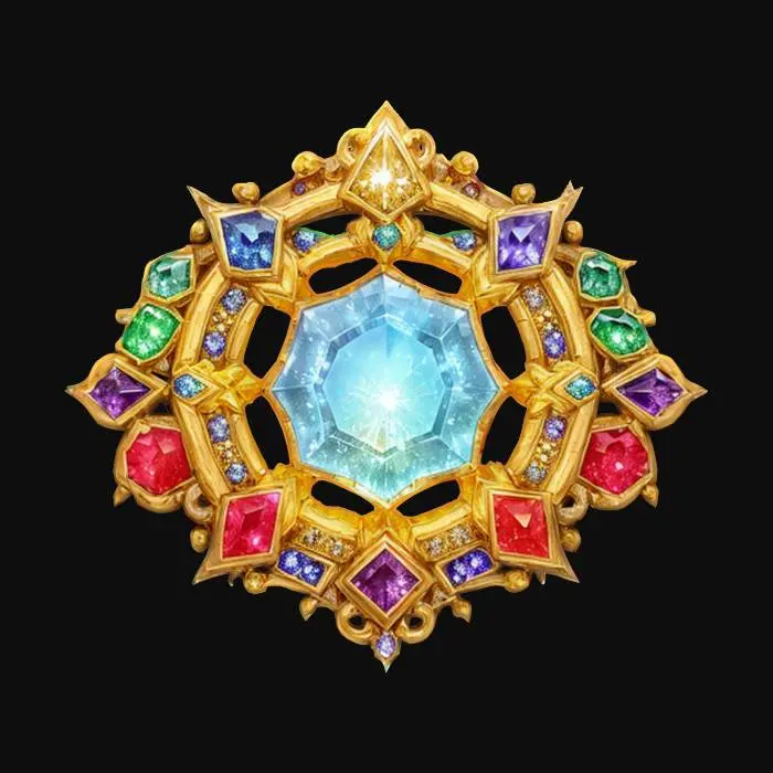 3D model for fantasy emblem for precious stone miners, details on the emblem are made of precious stones, the central part is a showy shining gemstone, color design in shades of precious metals and stones, the emblem is complemented by magic obtained from precious stones, extremely detailed, texture with high sharp resolution, epic design, #emblem#