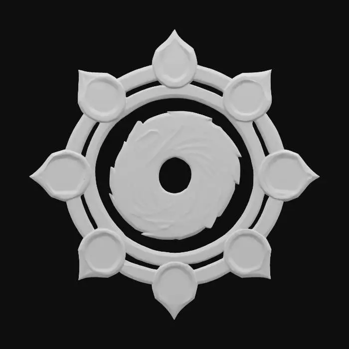 3D model for fantasy emblem spiral of nine points of light, translucent colors purple, silver, ultramarine and pearl, in the center of the wave resembling a song or a gate, writing emerging in water or light in a circle, four signs of the elements merging into one, extremely detailed, high sharp resolution texture, epic picture, #emblem#