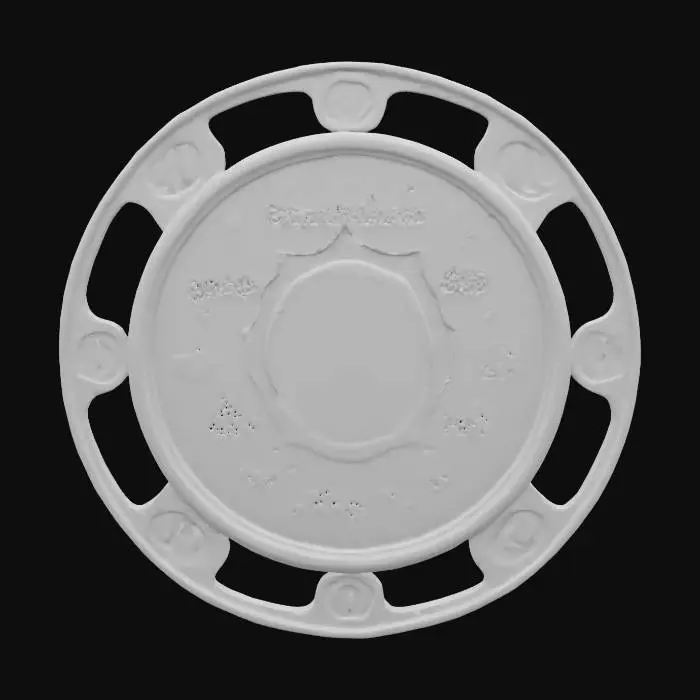 3D model for fantasy emblem spiral of nine points of light, translucent colors purple, silver, ultramarine and pearl, in the center of the wave resembling a song or a gate, writing emerging in water or light in a circle, four signs of the elements merging into one, extremely detailed, high sharp resolution texture, epic picture, #emblem#