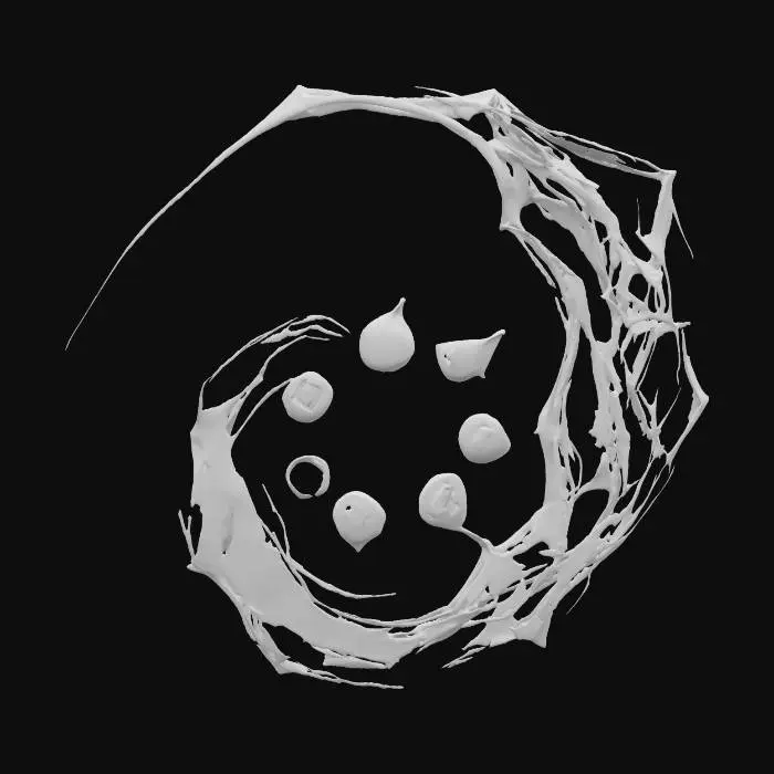 3D model for fantasy emblem spiral of nine points of light, translucent colors purple, silver, ultramarine and pearl, in the center of the wave resembling a song or a gate, writing emerging in water or light in a circle, four signs of the elements merging into one, extremely detailed, high sharp resolution texture, epic picture, #emblem#