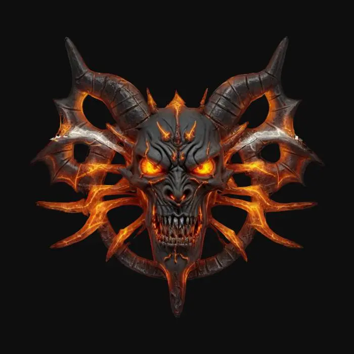 3D model for fantasy emblem of a scary demon, the emblem is made of demonic elemental bones, the entire emblem is shrouded in glowing magical energy with lightning and glitter, the central element is the terrifying face of the demon, extremely detailed, high-resolution sharp texture, epic image, #emblem#