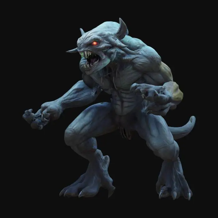 3D model for fantasy underground monstrous monster, tall massive body, several limbs allowing climbing and crawling, large detailed head and jaw full of fangs, several glowing eyes, extremely detailed, high sharp resolution texture, hyperrealistic, epic stance