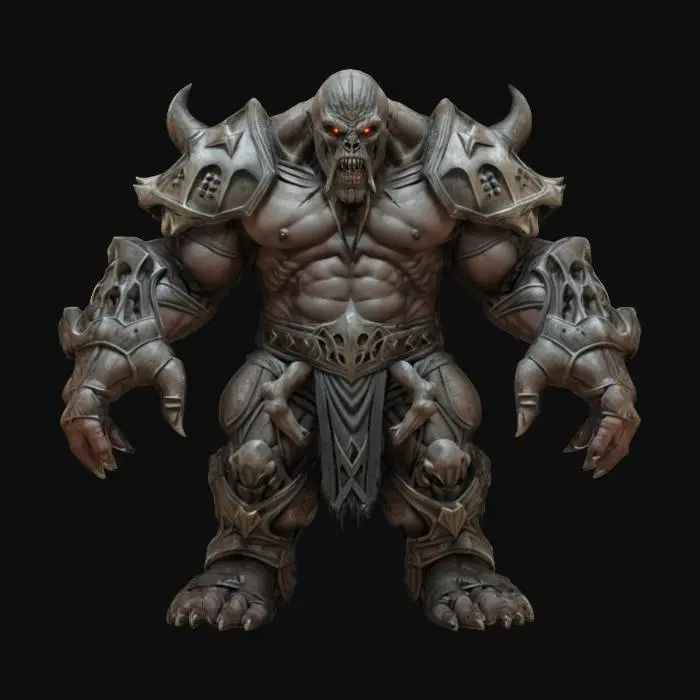 3D model for fantasy mysterious monstrous giant, stocky muscular body, armor made of bones on the body, detailed menacing face, extremely detailed high resolution texture, ultrarealistic, epic stance