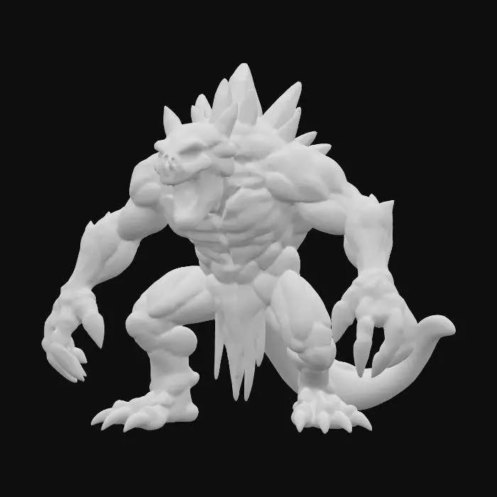 3D model for fantasy monster made of connected stones with energy, massive body made of stones connected by glowing energy, energy shines brightly from the body, large open jaws with teeth made of sharp minerals, massive paws of stones, extremely detailed, high sharp resolution texture, epic stance