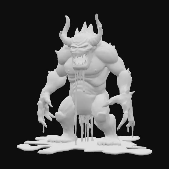 3D model for fantasy monstrous demon made of gel material, stocky body with a scary face, the entire body is made of a transparent gel-like-slime substance, in places the gel dissolves and drips and flows, detailed scary-looking face with a scary mouth and fangs, demonic eyes, extremely detailed, high resolution texture, epic stance, #PBR#