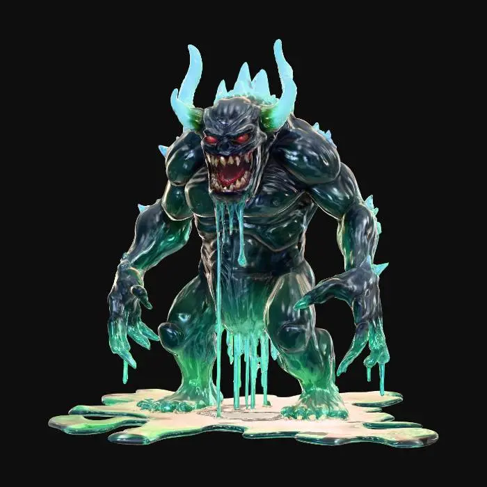 3D model for fantasy monstrous demon made of gel material, stocky body with a scary face, the entire body is made of a transparent gel-like-slime substance, in places the gel dissolves and drips and flows, detailed scary-looking face with a scary mouth and fangs, demonic eyes, extremely detailed, high resolution texture, epic stance, #PBR#