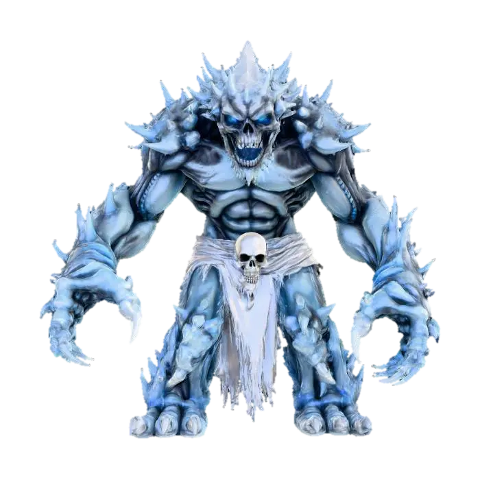 Mô hình 3D của ice skeletal beast; towering humanoid figure with frost-covered skull and glowing…, được tạo bằng AI
