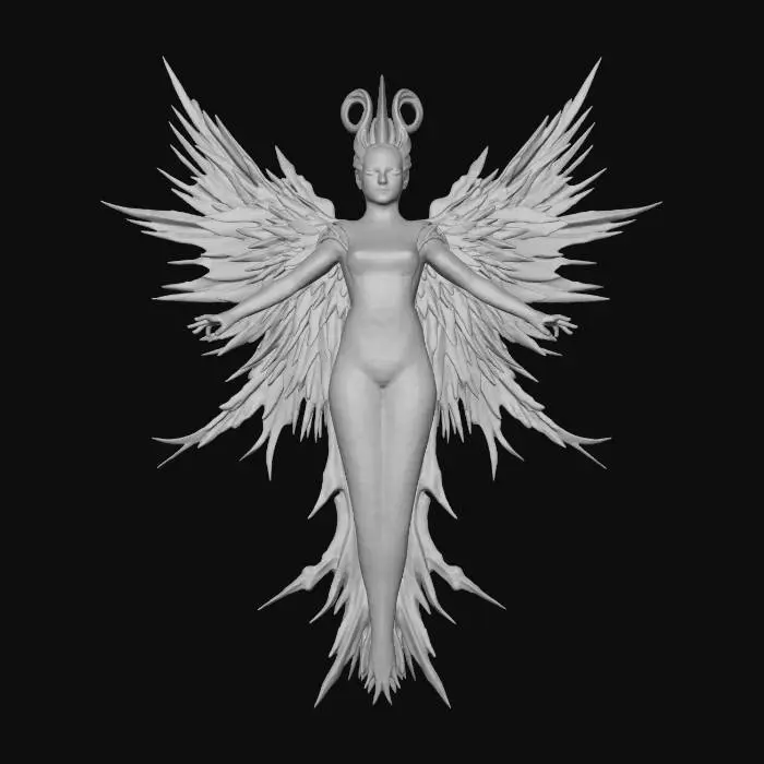 3D model for fantasy phoenix maiden, graceful female figure rising from ashes, body made of glowing red glass and golden embers, elegant dress transforming into flowing fire feathers, hair flowing upward like living flame, golden ornaments shaped like wings and sun symbols, eyes burning with inner light, soft aura of heat distortion and sparks, standing in an elegant pose of rebirth, extremely detailed, high sharp resolution, cinematic fantasy art style