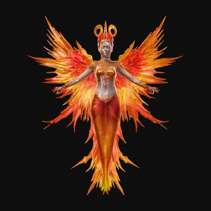 3D model for fantasy phoenix maiden, graceful female figure rising from ashes, body made of glowing red glass and golden embers, elegant dress transforming into flowing fire feathers, hair flowing upward like living flame, golden ornaments shaped like wings and sun symbols, eyes burning with inner light, soft aura of heat distortion and sparks, standing in an elegant pose of rebirth, extremely detailed, high sharp resolution, cinematic fantasy art style