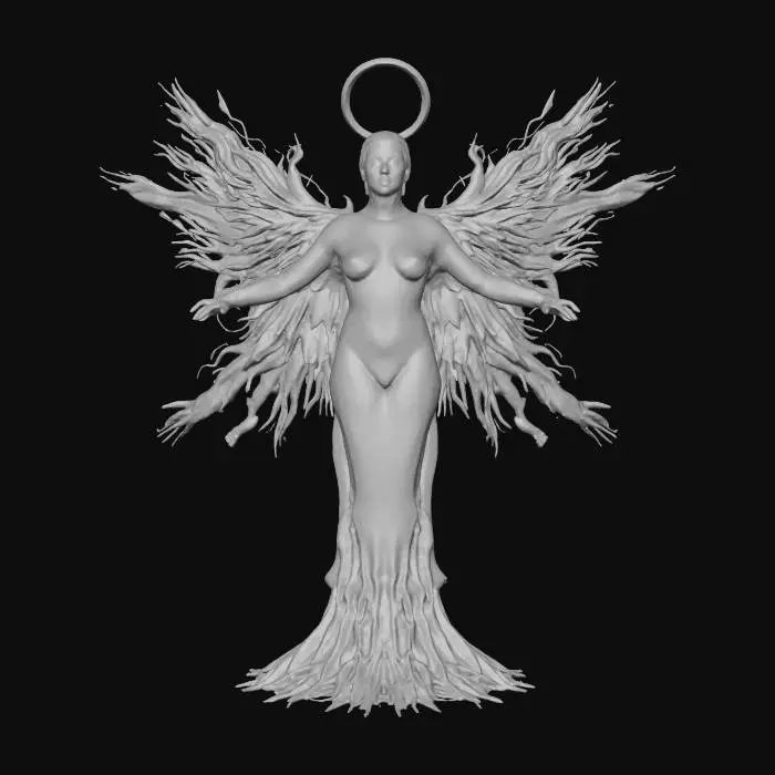 3D model for fantasy phoenix maiden, graceful female figure rising from ashes, body made of glowing red glass and golden embers, elegant dress transforming into flowing fire feathers, hair flowing upward like living flame, golden ornaments shaped like wings and sun symbols, eyes burning with inner light, soft aura of heat distortion and sparks, standing in an elegant pose of rebirth, extremely detailed, high sharp resolution, cinematic fantasy art style