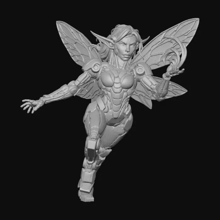 3D model for techno fairy guardian, elegant female figure with biomechanical body and translucent wings, metallic armor with leaf-like pattern, glowing emerald circuits and energy core, gentle human face with cybernetic details, standing in a balanced pose, right hand casting green magic spiral, detailed organic-tech fusion design, soft reflections on armor, bioluminescent veins under the skin, fantasy sci-fi hybrid