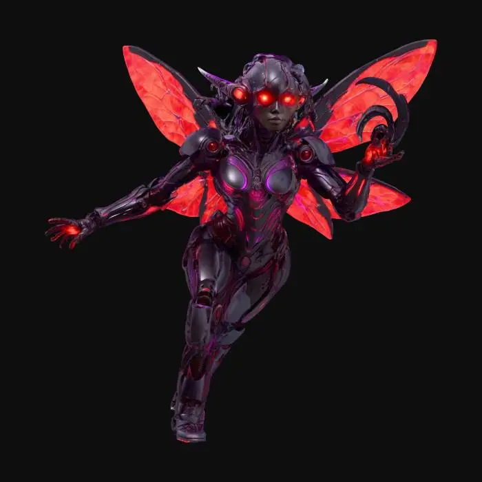 3D model for techno fairy guardian, elegant female figure with biomechanical body and translucent wings, metallic armor with leaf-like pattern, glowing emerald circuits and energy core, gentle human face with cybernetic details, standing in a balanced pose, right hand casting green magic spiral, detailed organic-tech fusion design, soft reflections on armor, bioluminescent veins under the skin, fantasy sci-fi hybrid