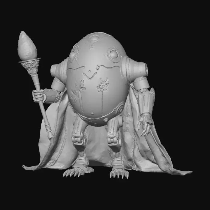 3D model for robotic egg-shaped mage, hovering slightly above the ground, metallic shell engraved with glowing runes and circuit-like symbols, two small mechanical arms holding a staff with an energy crystal, carved glowing eyes on the shell, surrounded by faint magical energy and floating cloth fragments like a tattered robe or cape, elegant yet menacing presence, detailed sci-fi fantasy design, cinematic lighting, ultra-detailed texture, epic picture