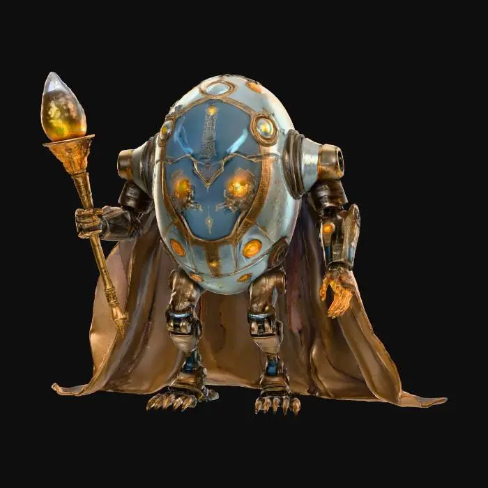3D model for robotic egg-shaped mage, hovering slightly above the ground, metallic shell engraved with glowing runes and circuit-like symbols, two small mechanical arms holding a staff with an energy crystal, carved glowing eyes on the shell, surrounded by faint magical energy and floating cloth fragments like a tattered robe or cape, elegant yet menacing presence, detailed sci-fi fantasy design, cinematic lighting, ultra-detailed texture, epic picture