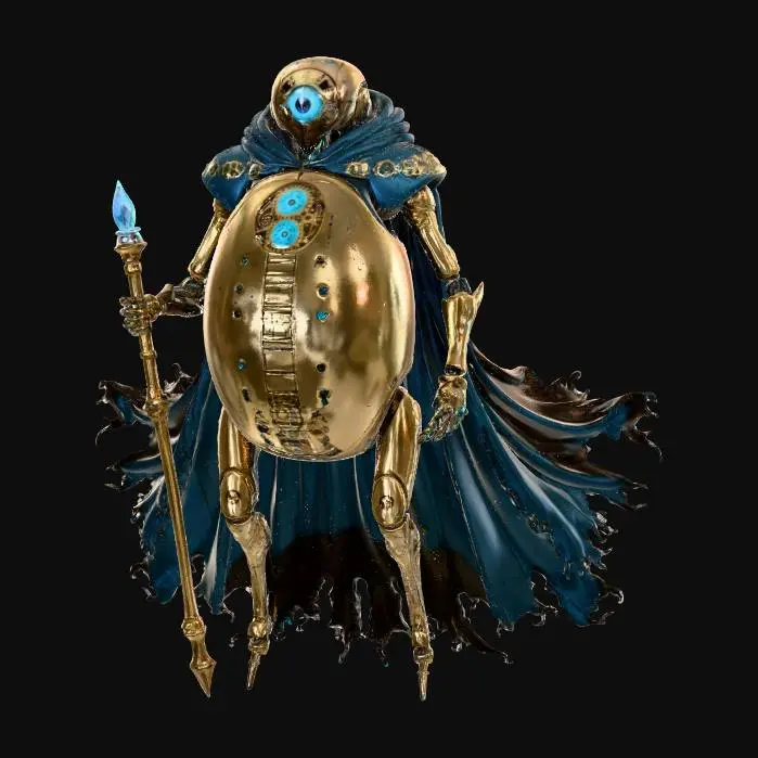 3D model for robotic egg-shaped mage, hovering slightly above the ground, metallic shell engraved with glowing runes and circuit-like symbols, two small mechanical arms holding a staff with an energy crystal, carved glowing eyes on the shell, surrounded by faint magical energy and floating cloth fragments like a tattered robe or cape, elegant yet menacing presence, detailed sci-fi fantasy design, cinematic lighting, ultra-detailed texture, epic picture