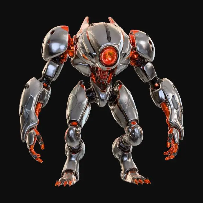 3D model for unknown artificial entity from distant space, non-humanoid intelligent design, smooth metallic surface with flowing segmented appendages ending in multi-tool structures, central sensor cluster resembling a head, elegant symmetrical form, ethereal glow, ultra-detailed, extremely detailed, high resolution texture, cinematic lighting, epic stance